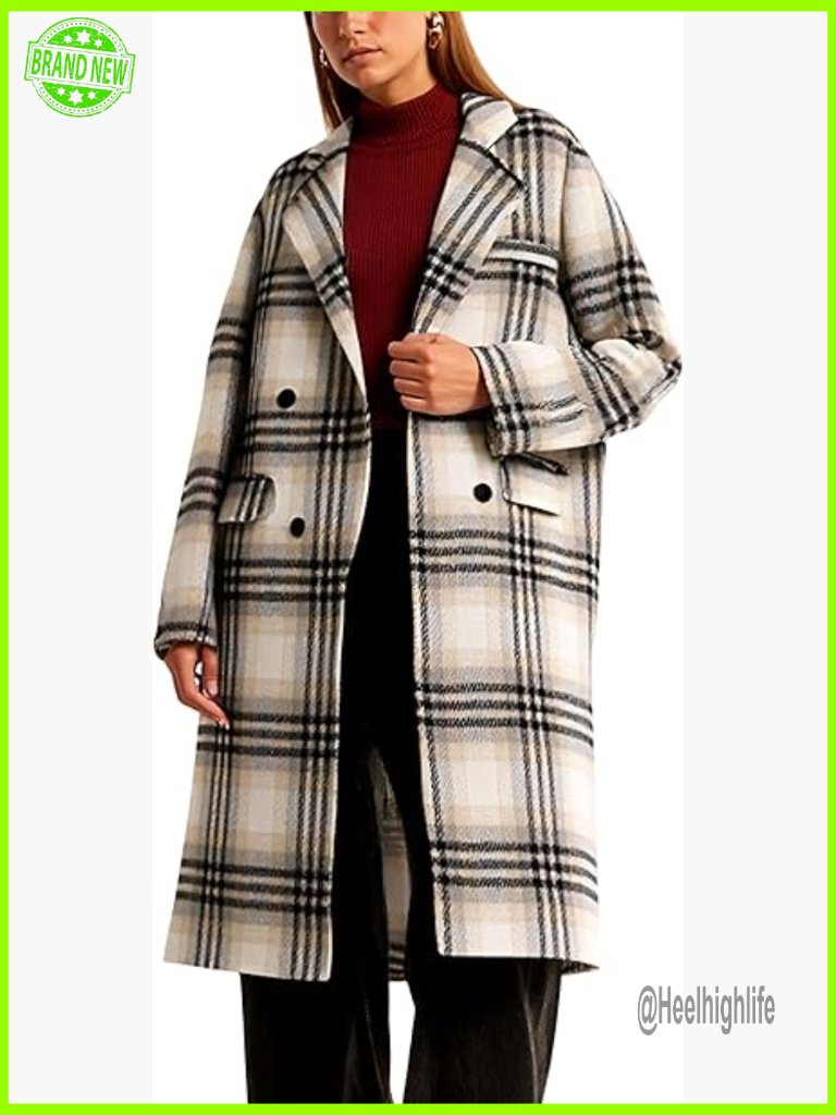 Wool Plaid Pea Coat Double Breast Midi Long Trench Overcoat With Belt